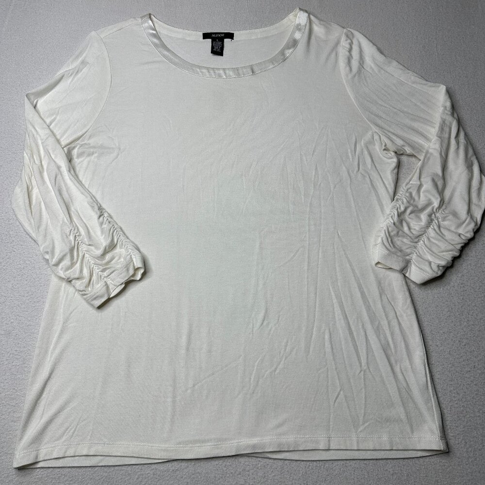 Alfani Womens White Ruched Sleeve Closet Staple Crew Neck Blouse Top Size L
